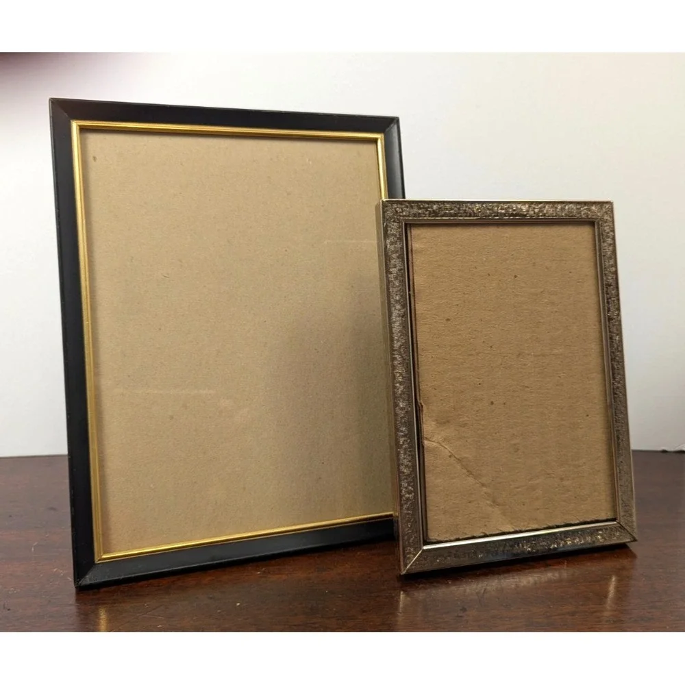 Vintage Picture Frames Black Gold & Brushed Gold Tone Metal 5x7 8x10 Lot of 2